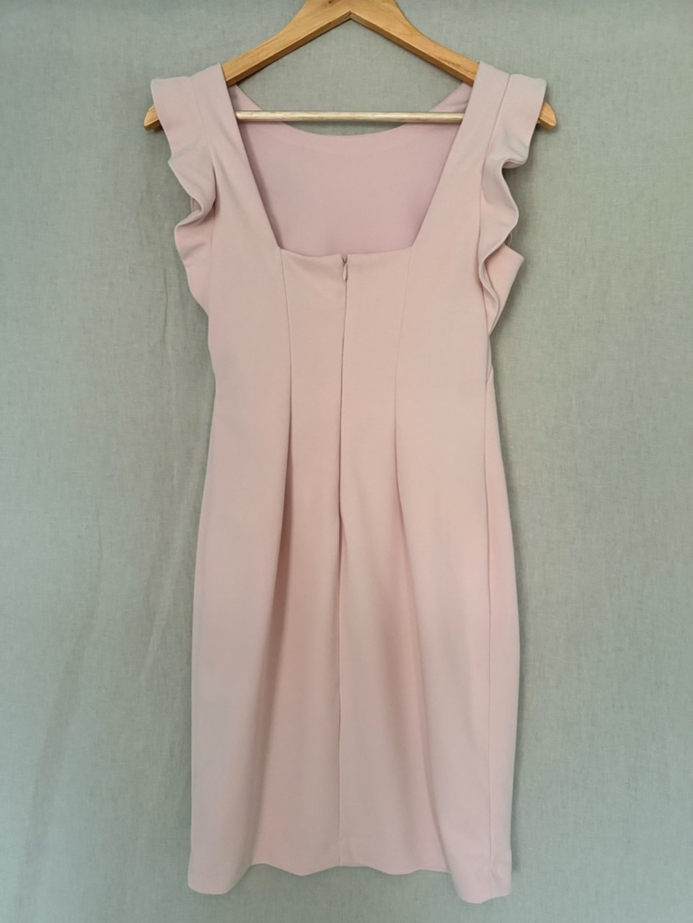 Calvin Klein Blush Pink Sheath Dress | Ruffle Cap Sleeve | Square Back | Lined - Picture 4 of 11